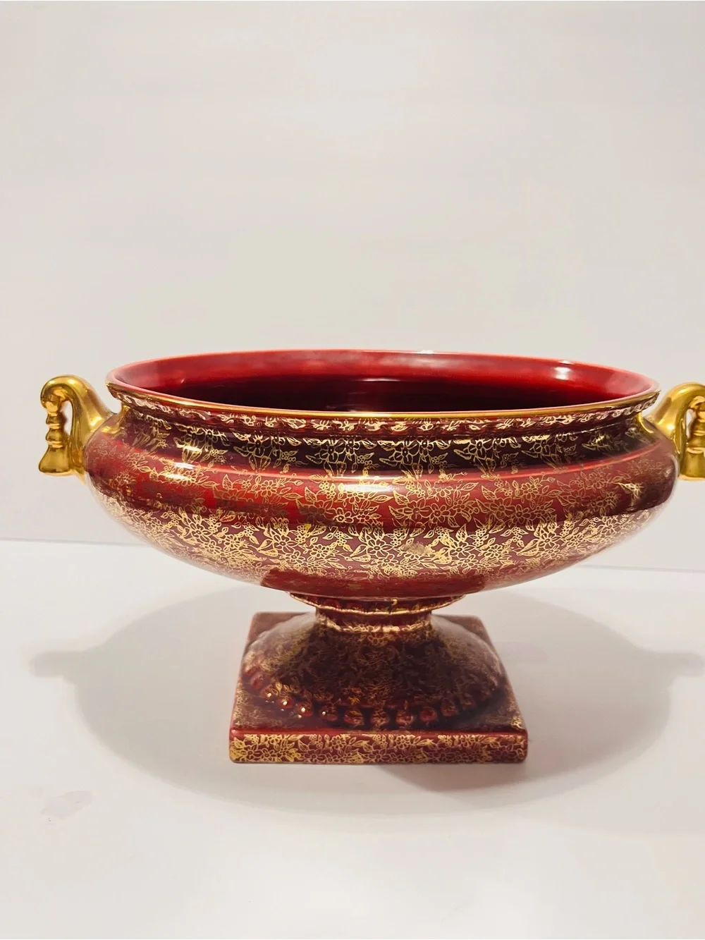 Vintage 1930’s Empire Ware Wine Red & Gold Floral Design Set of 2  Footed Urns